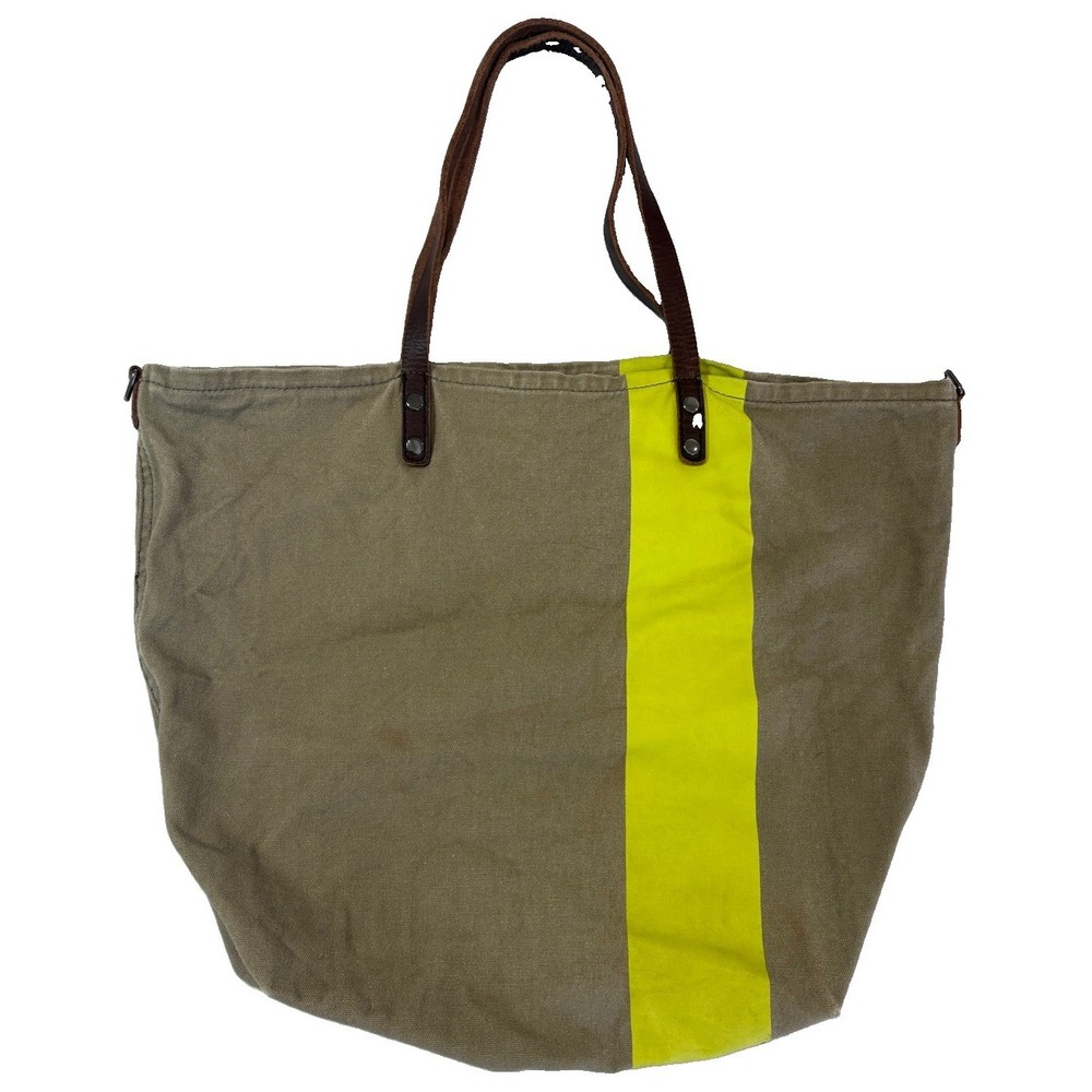 Vtg J. Crew Canvas Racer Tote Bag Khaki Olive Green Leather Strap Neon Yellow